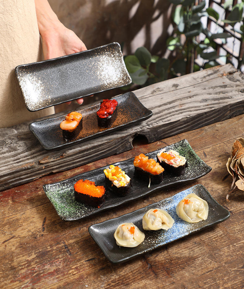 Japanese Style Long Rectangular Porcelain Black Sushi Plate Set 11