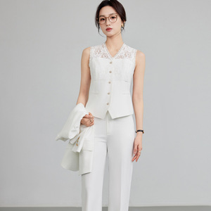 Women's Blue Three Piece Suit Set Three Quarter Sleeve Breathable Office Lady Work Wear - Product Image 2