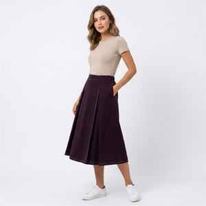 Jupe midi plissée taille haute pour femme avec poches, couleur unie, extensible, confortable, style minimaliste, toutes saisons - Product Image 1