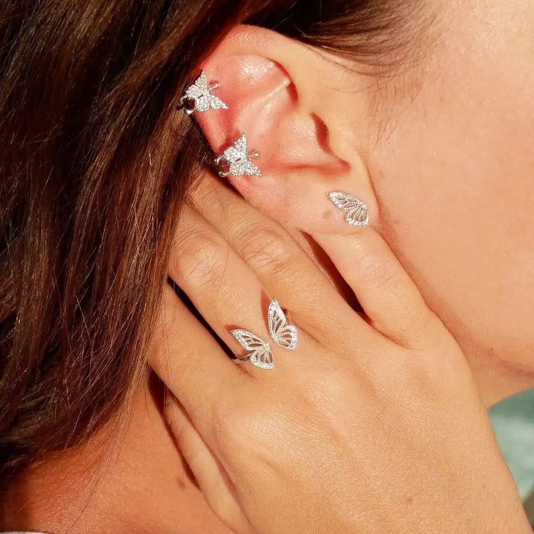 Summer Trend Jewelry 925 Sterling Silver 18K Gold Zircon Butterfly Earrings Open Ring Necklace Set for Ladies