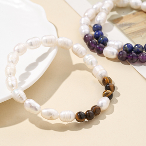 Bracelet de perles d'eau douce TeoWaki, perles de forme riz et presque rondes alternées avec des perles de pierres précieuses naturelles, bracelets de mode pour femmes - Product Image 3