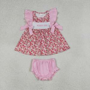 Ensemble court à imprimé floral rouge mignon pour petites filles, haut à manches bouffantes rose pour enfants avec short à volants, vêtements de détente d'été pour enfants - Product Image 2