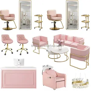 Estación de espejo con diseño de cabello rosa, silla de champú, sillas de peluquería, salón de belleza, paquete de muebles