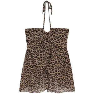 Camisola con estampado de leopardo y cuello halter para mujer, top asimétrico con volantes y espalda descubierta, ajuste ceñido, ligero y transpirable, mezcla de algodón - Product Image 4