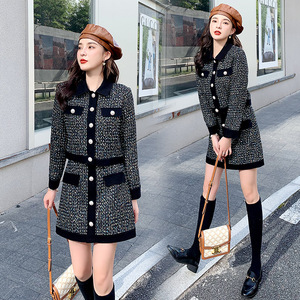 2023 Set mezza gonna corta stile <span class=keywords><strong>Tweed</strong></span> Vintage da donna nuovo completo in due pezzi dimagrante autunno/inverno con collo alto al ginocchio - Product Image 3