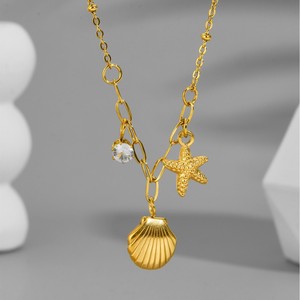 Pendentif unisexe en acier inoxydable plaqué or 18 carats PVD, étoile de mer, coquillage, cristal |   Ensemble de bijoux chaînes à breloques Océan et Plage, anti-ternissement - Product Image 2