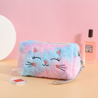 Meilleure vente! Petit sac de lavage carré en peluche, sac à cosmétiques en peluche de chat coloré, pochette de maquillage souple et mignonne avec fermeture éclair, vente en gros