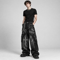 DiZNEW High Street Erkek Gotik Diken Desenli Kot Pantolon Ağır Kalın Çok Cepli Bol Paça Denim Pantolon Darkwear Kıyafet OEM