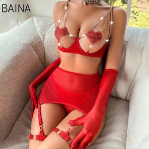 Bra Setengah Cup Renda Dengan Rantai Seksi Merah Pakaian Dalam Halus - Product Image 3