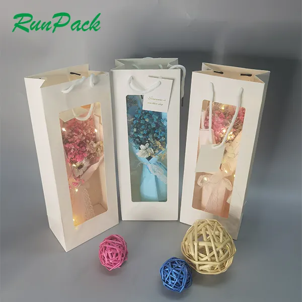 Imballaggio del fiorista riutilizzabile personalizza la disposizione del bouquet di fiori portatile abbigliamento sacchetto di carta cosmetico per la spesa con finestra trasparente