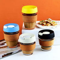 Tasse à café en verre avec bouchon en liège Bambus Modern 12oz, couvercle en silicone isolant résistant à la chaleur, capacité 350ml, pour fêtes, cadeaux, logo laser