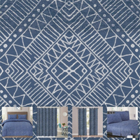 Parure de draps 4 pièces en microfibre bleu marine à imprimé géométrique, motif tribal losanges, comprenant drap-housse, drap plat et 2 taies d'oreiller