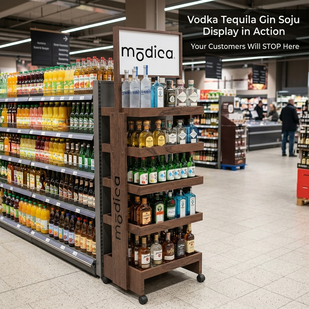 Wholesale Custom Wooden Liquor Display Stand Whiskey Vodka Tequila Gin Soju Bottle Display Rack Retail Bar Shelf with Brand Head — view 2