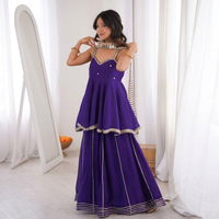 Ensemble Kurti Sharara sans manches en soie et mousseline avec broderies miroir, style ethnique indien, 3 pièces, Salwar Kameez pakistanais de créateur, vente en gros