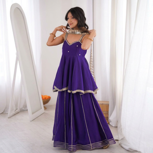 Wholesale Indian Ethnic Wear Sleeveless Mirror Work Peplum Kurti Sharara Set Silk Chiffon Designer 3-Piece Pakistani Salwar Kame - Product Image 1