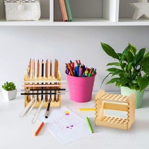 Wooden Paintbrush Holder <b>Desktop</b> Organizer Solid Wood Storage Rack For Art Supplies Painting Tools - Product Image 3