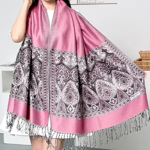 Vendita calda pashmina sciarpe e scialli etnici cina jacquard lunga nappa sciarpa pashmina per le donne