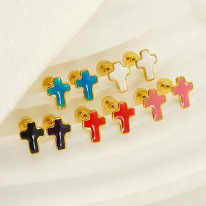 Sample Cute Design Stainless Steel 18K Gold Plated Multi Color Enamel Drip Cross Stud Earrings For Girls Fashion Jewelry Gift