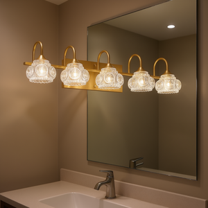 Applique murale moderne en cristal pour salle de bain, 5 lumières, dorée, avec abat-jour en verre transparent, lampe de miroir blanc chaud - Product Image 2