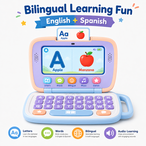Ordinateur portable éducatif pour enfants avec logo personnalisé, jeux <span class=keywords><strong>de</strong></span> <span class=keywords><strong>quiz</strong></span> ABC, orthographe, mathématiques et <span class=keywords><strong>musique</strong></span>, jouet durable en ABS avec poignée, prix d'usine - Product Image 3