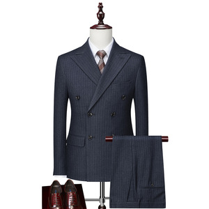 Costume d'affaires décontracté pour homme, gris foncé rayé, anti-décoloration, double boutonnage, <span class=keywords><strong>ensemble</strong></span> 2 pièces, vente en gros - Product Image 1