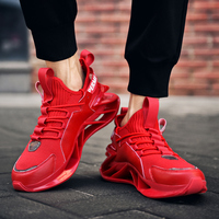 Chaussures de sport basses pour hommes en maille tricotée, semelle à lame creuse amortissante, style urbain, logo personnalisé, faible MOQ, noir et rouge