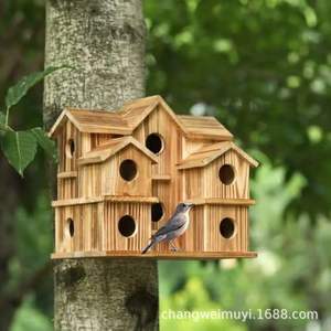 Casa de pájaros de madera de 2 pisos, tipo villa, para jardín exterior, montada en la pared, con acabado natural, decorativa, para colgar, nido para pájaros. - Product Image 4