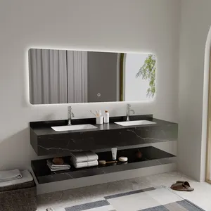 YIDA a parete di lusso nordico nero sinterizzato pietra lavabo bagno Set di vanità con specchio a LED