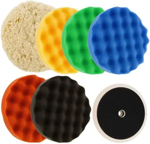 Buffing and Polishing Pad Kit Hook and Loop Sponge Set with 6-8Inch Pad 5 Waffle Foam 1 Wool Grip Pads and 5/8Inch Backing Plate