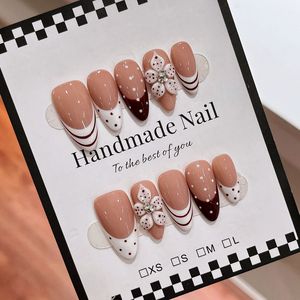 Faux ongles à presser faits main, forme amande, style français sculpté, réutilisables pour mariage, fête, salon de manucure - Product Image 2
