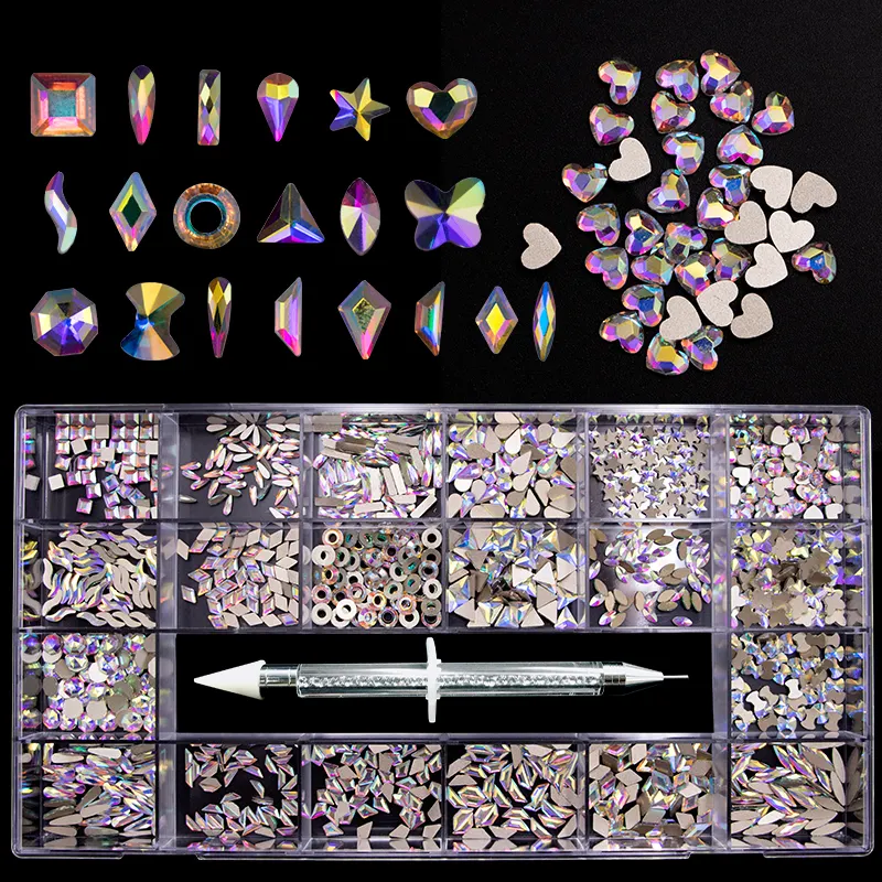 बहु आकार ग्लास हीरा कील कला मणि किट इंद्रधनुषी 3D Flatback अटल बिहारी रंग कील कण Rhinestones के पत्थर के लिए सजावट