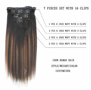 Extensiones de Cabello Humano Liso Rizado de 20 Pulgadas con Clip para Mujer, 7 Piezas/Lote, Cabello Remy Yaki Ligero con Clip, Negro Mezclado con Marrón - Product Image 2