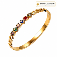 Bracelet manchette articulé géométrique doré en acier inoxydable avec incrustation de zircon synthétique, poli miroir, plaqué PVD, pour femme, vente en gros