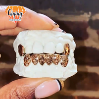 Grillz personnalisé en argent sterling 925, plaqué or rose, motif étoile facetté à coupe diamant, pour 6 dents inférieures et 1 dent supérieure (canine), style Hip Hop