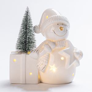 Popular Hand Paint Gold Edge Small Ceramic White Snowman Figurine With LED Inside <strong>for</strong> Christmas - Product Image 6