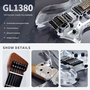 Guitarra Eléctrica Transparente de Acrílico sin Cabezal con Puente de Trémolo, 6 Cuerdas, Pastillas H-H, Cuerpo Transparente, Logotipo Personalizado de Fábrica - Product Image 2