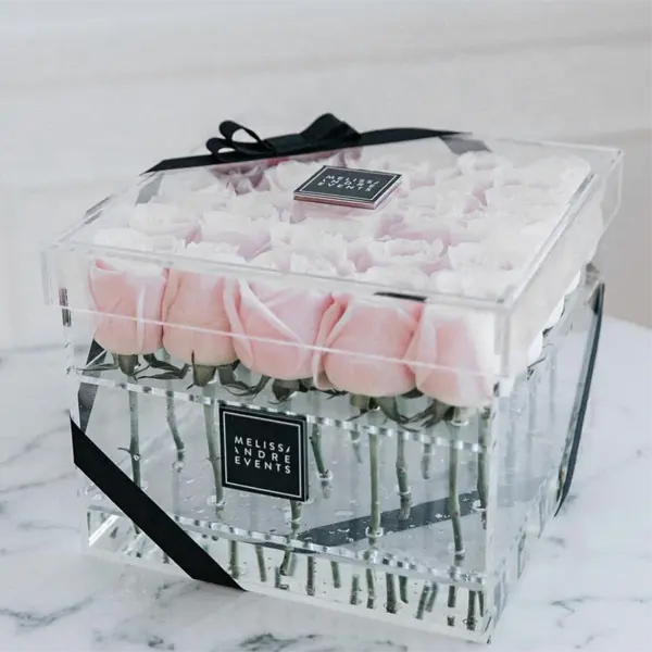 Kotak Penyimpanan Persegi Mawar Bening, Kotak Cermin Kotak Bunga Akrilik Romantis untuk Tampilan Hadiah Pernikahan