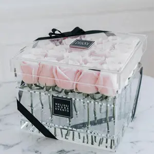 Custom Romantic Clear Rose Square Storage Case Acrylic Flower Box Mirror Box For Wedding Gift Display