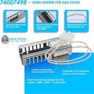 74007498 Stainless Steel Oven Igniter Replacement Part with White Connector and Caps for Gas <b>Range</b> Heating Element - Product Image 3