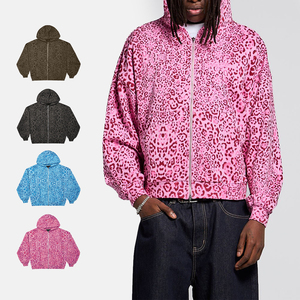 Sweat à capuche zippé unisexe KingSen respirant pour l'hiver, imprimé léopard sur toute la surface, 400 g/m², en molleton éponge, broderie, 100 % coton - Product Image 1