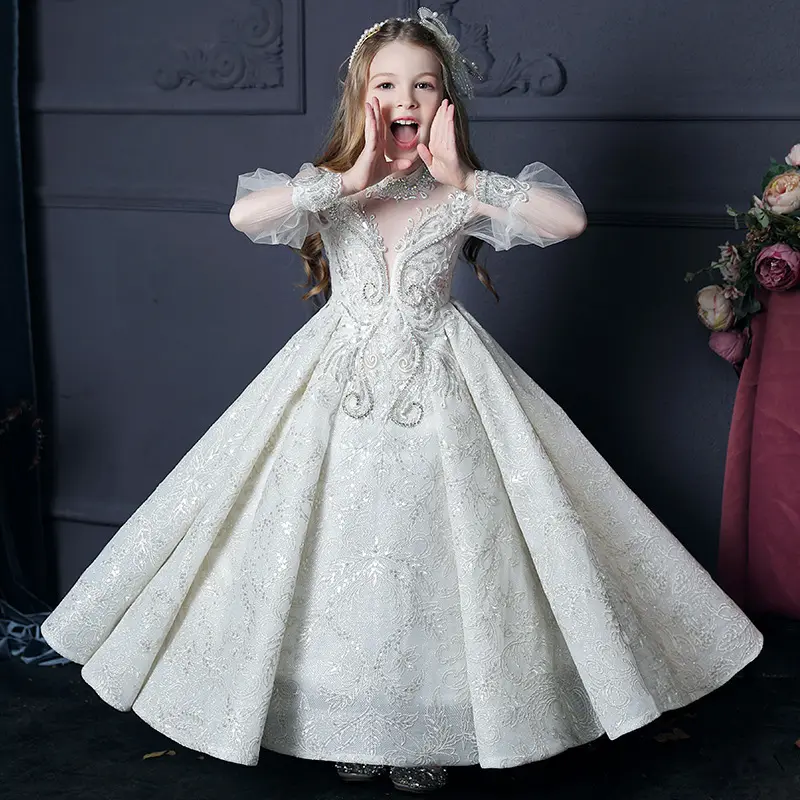 Boutique américaine robe de soirée à manches longues robes de première communion à paillettes brillantes robe de mariée en satin pour fille de 12 ans pour enfant