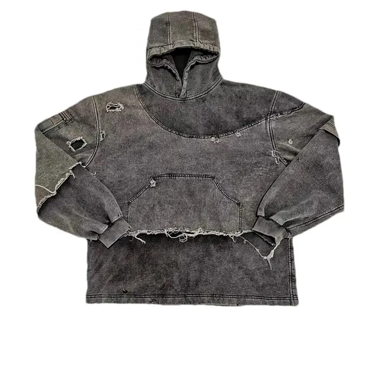 Finch Garment custom double lavered heavyweight hoodie men street wear ripped raw hem acid wash hoodie