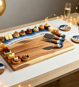 Tabla de Quesos de Madera de Acacia con Resina Efecto Olas del Océano, Tabla de Charcutería con Cuchillos para Queso y Posavasos, Plato de Madera para Servir, Ideal para Regalo - Product Image 2
