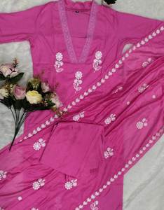 Elegante color rosa puro algodón tipo 3 piezas Kurti Set Dupatta diseñador indio traje elegante étnico fiesta desgaste hasta el suelo - Product Image 6