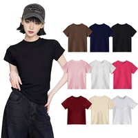 Kaos Wanita Custom 220GSM Katun Kerah Bulat Lengan Pendek Slim Fit untuk Sablon Logo OEM ODM Grosir Musim Panas