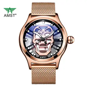 Am3033 Mens Thời Trang Thạch Anh Người Đàn Ông Cổ Điển Thép Không Gỉ Skeleton Skull Cổ Tay Xem Relogio Masculino