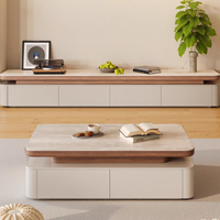 Table basse de style vintage en noyer avec plateau en travertin, idéale pour les petits appartements, design simple et moderne.