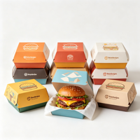 Boîte à hamburger en carton blanc biodégradable robuste, personnalisable avec logo et motif quadricolore, pour restauration rapide, vente en gros
