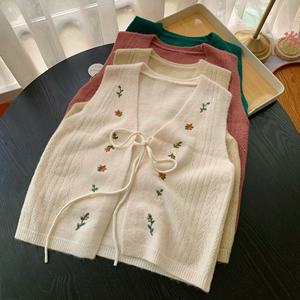 Gilet in <span class=keywords><strong>Maglia</strong></span> Ricamato Squisito per <span class=keywords><strong>Donna</strong></span>, Nuovo Gilet Corto in <span class=keywords><strong>Maglia</strong></span> con Scollo a V e Lacci Stile College - Product Image 1