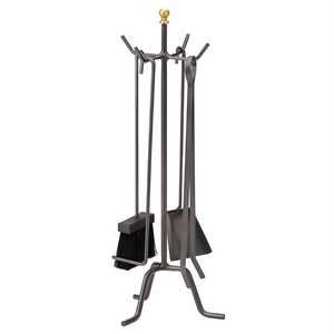 Ensemble d'outils pour foyer avec pelle, brosse, pique, pinces, support en métal noir pour utilisation au foyer - Product Image 1